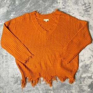 Main Strip SZ Small Burnt Orange Distressed V-Neck Chunky Rib Knit‎ Sweater